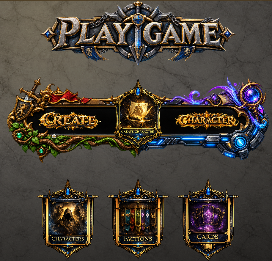 MAD Mobile App Play Game menu with Create Character, Characters, Factions and Cards banners